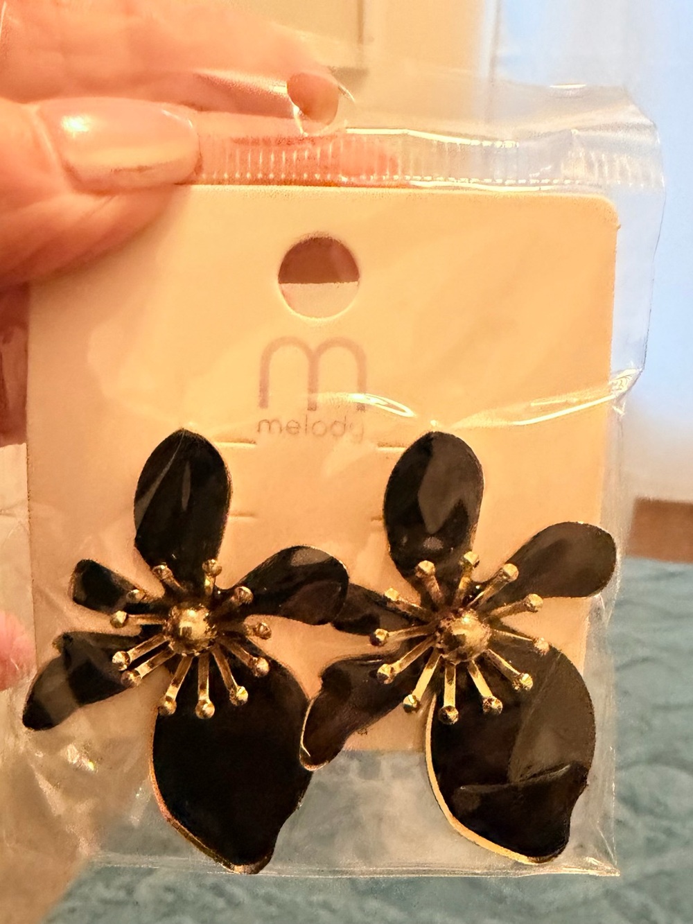 Black Floral Drop Earrings with Gold Center